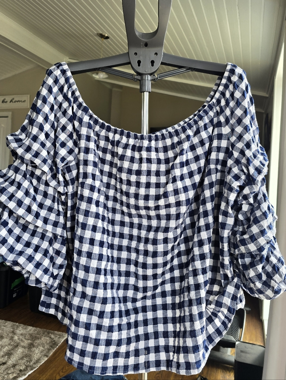 NWT Lane Bryant Navy and White Gingham Off-Shoulder Blouse